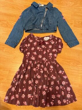 Little Lass Burgundy Floral Dress with Denim Jacket